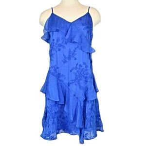 Slip Dress Spaghetti Straps Knee Length Ruffled Embroidered Print Women's Small